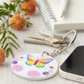 Colorful Butterfly and Flowers Round Keychain Schlüsselanhänger (Vorderseite rechts)