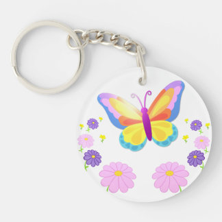 Colorful Butterfly and Flowers Round Keychain Schlüsselanhänger