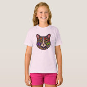 Colorful Butterfly Blooms Cat Portrait Kitty Lover T-Shirt (Vorne ganz)