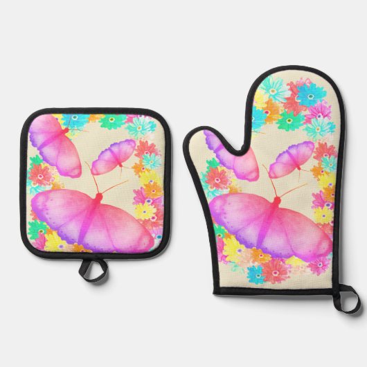 Colorful Butterfly Floral Dream Ofenhandschuh & Topflappen-Set (Vorderseite)