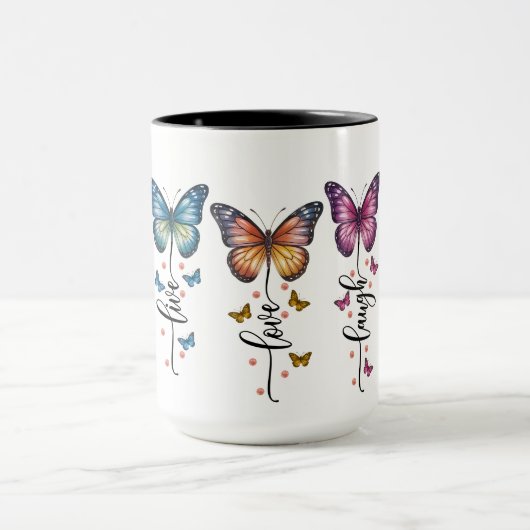 Colorful Butterfly Trio with Live Love Laugh Quote Tasse (Zentrum)