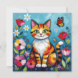Colorful Cat, Flowers and Butterfly