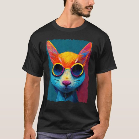 Colorful Cat With Glasses T-Shirt (Vorderseite)