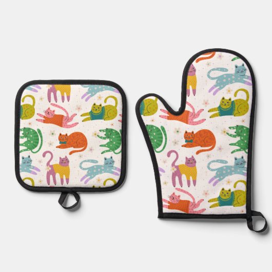 Colorful Cats Pattern Oven Mitt & Pot Holder Set (Vorderseite)