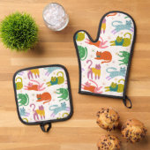 Colorful Cats Pattern Oven Mitt & Pot Holder Set (Oben Unten)