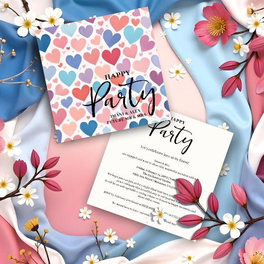 Colorful Chic Charming Scattered Hearts Engagement Einladung