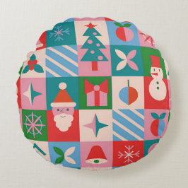 Colorful Christmas Themed Grid Of Holiday Icons Rundes Kissen