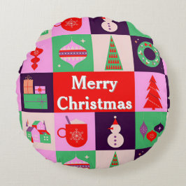 Colorful Christmas Themed Grid Of Holiday Icons Rundes Kissen