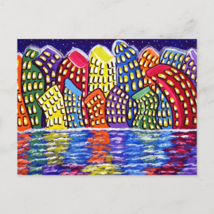 Colorful Cityscape Fun Folk Kunst Postkarte