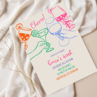 Colorful Cocktail Line Art Birthday Invitation | Einladung