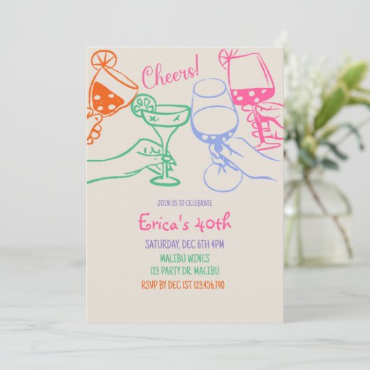 Colorful Cocktail Line Art Birthday Invitation | Einladung (Stehend Vorderseite)