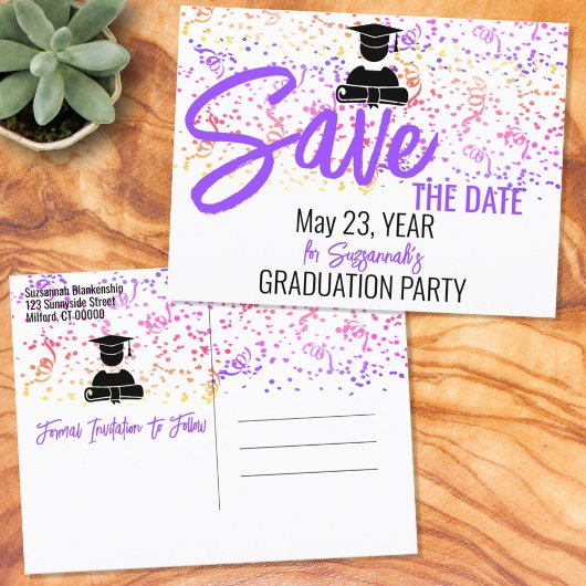 Colorful Confetti Graduation Party Save the Date A Ankündigungspostkarte
