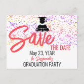 Colorful Confetti Graduation Party Save the Date Ankündigungspostkarte (Vorderseite)