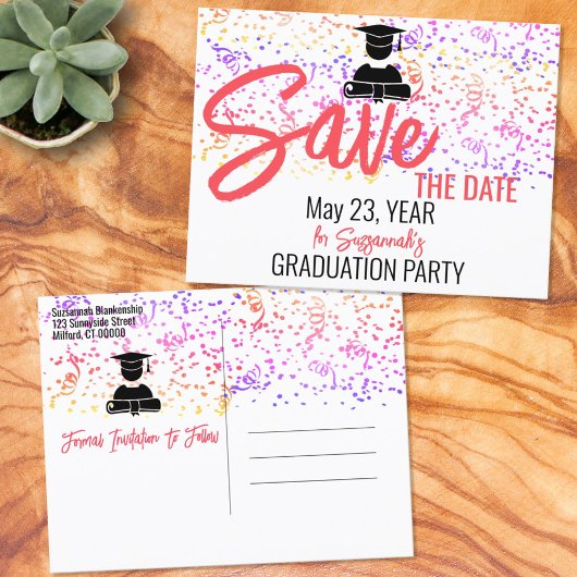 Colorful Confetti Graduation Party Save the Date Ankündigungspostkarte