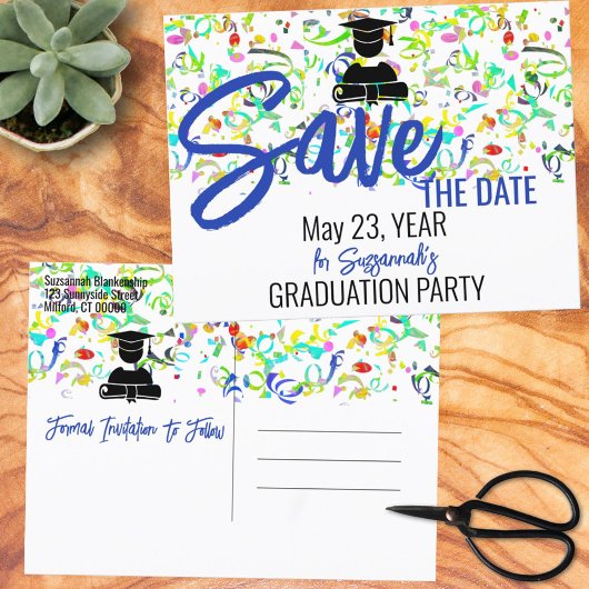 Colorful Confetti Graduation Party Save the Date Ankündigungspostkarte