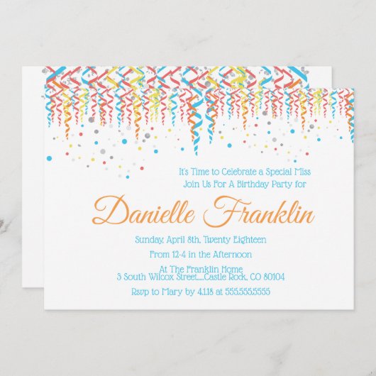 Colorful Confetti Party Einladung (Vorne/Hinten)