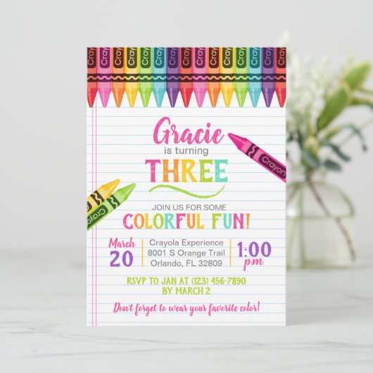 Colorful Crayon Girl Party Einladung (Stehend Vorderseite)
