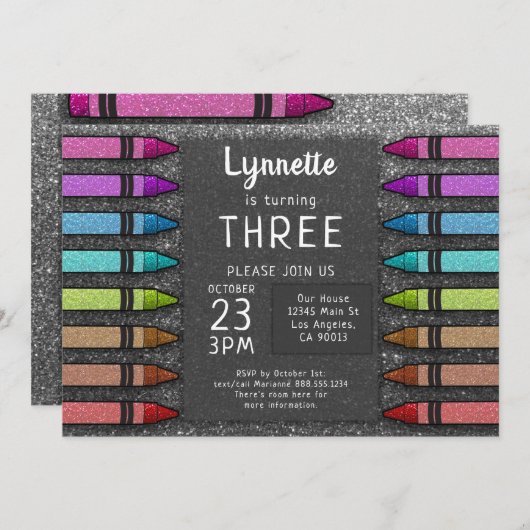 Colorful Crayon Rainbow Glitzer Einladung (Vorne/Hinten)