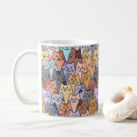Colorful Cute Cat Crowd Pattern Whimsical Cat Face Kaffeetasse (Mit Donut)