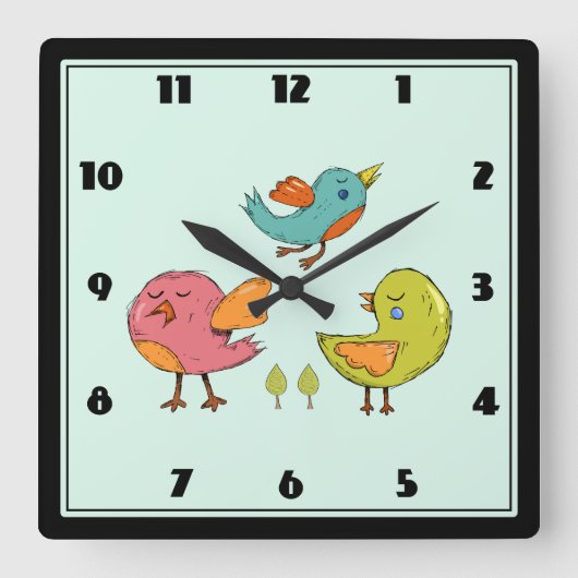 Colorful Cute Whimsical Birds Quadratische Wanduhr (Vorderseite)