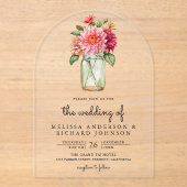 Colorful Dahlia Floral Mason Jar Wedding Acryleinladungen (Vorderseite)