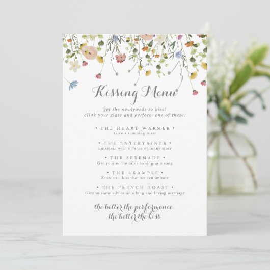 Colorful Dainty Wedding Kissing Menu Game Card (Stehend Vorderseite)