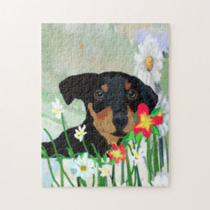 Colorful Daisies and Doberman Pincher Puppy Puzzle