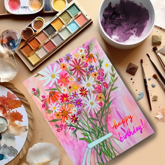Colorful Daisy Bouquet Happy Birthday Postkarte