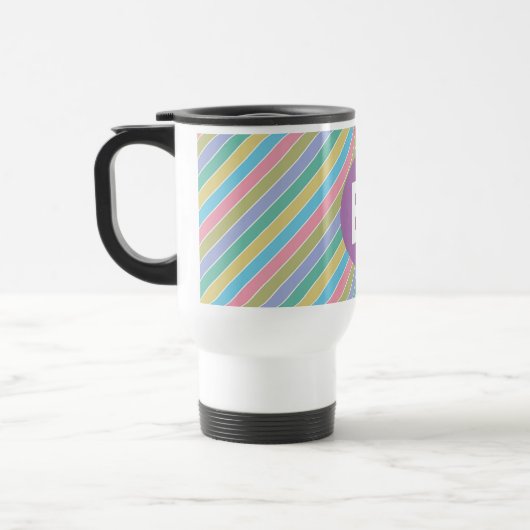 Colorful Diagonal Candy Stripes Purple Monogram Reisebecher (Links)