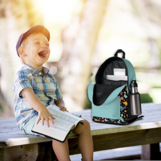 Colorful dinosaur pattern turquoise black name  bedruckter rucksack