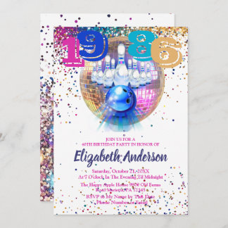 Colorful Disco Bowling 1986 40th Birthday Party Einladung