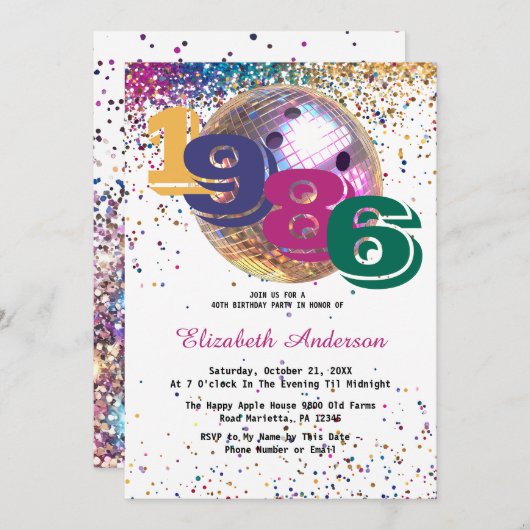 Colorful Disco Bowling Ball 1986 40th Birthday Einladung (Vorne/Hinten)