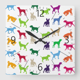 Colorful dogs silhouettes quadratische wanduhr
