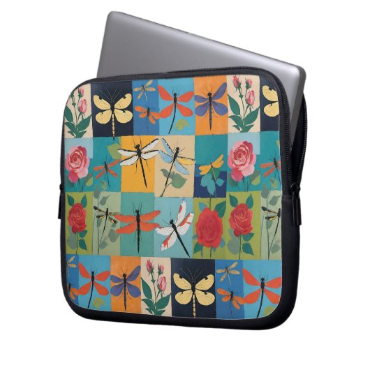 Colorful Dragonflies And Roses Patchwork Laptopschutzhülle (Vorderseite Links)