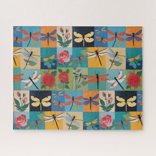 Colorful Dragonflies And Roses Patchwork Puzzle (Horizontal)