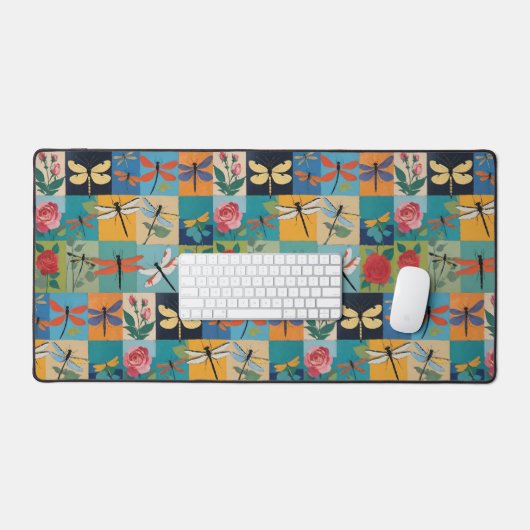Colorful Dragonflies And Roses Patchwork Schreibtischunterlage (Tastatur & Maus)