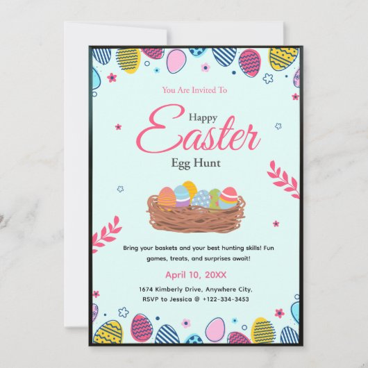 Colorful Easter Egg Hunt Party Invitation Einladung (Vorderseite)