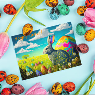 Colorful Easter Eggs & Easter Bunny in Meadow Feiertagspostkarte