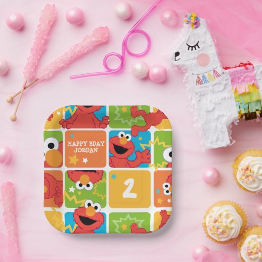 Colorful Elmo Grid Pattern Pappteller (Party)