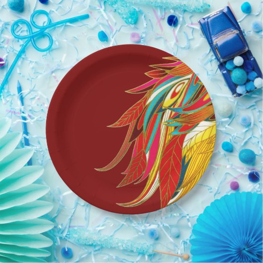 Colorful Exotic Tribal Feathers Red Pappteller (Party)