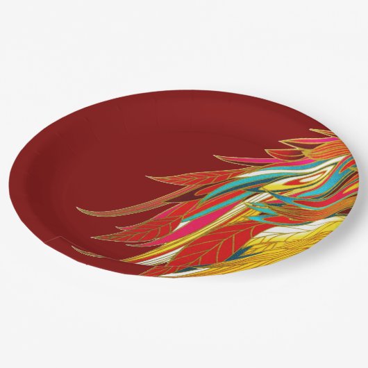Colorful Exotic Tribal Feathers Red Pappteller (Schrägansicht)
