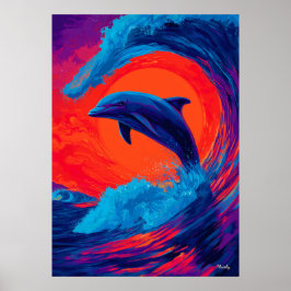 Colorful Expressionist Dolphin Wave Wall Art Poster
