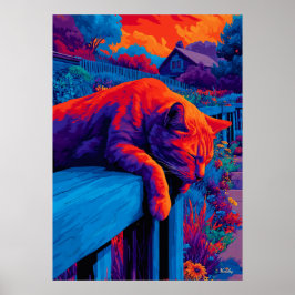 Colorful Expressionist Garden Cat Wall Art Poster