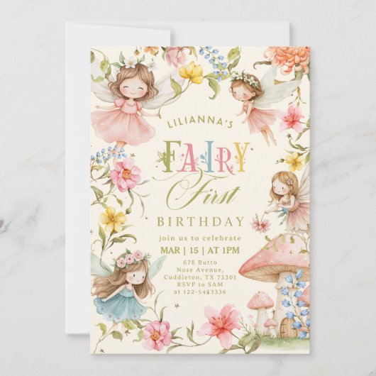 Colorful Fairy First Birthday Enchanted garden Einladung (Vorderseite)