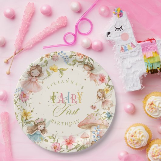 Colorful Fairy First Birthday Enchanted garden Pappteller (Party)