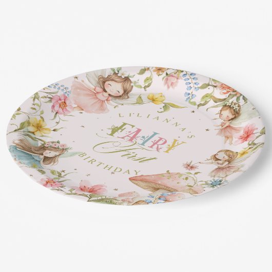 Colorful Fairy First Birthday Enchanted garden Pappteller (Schrägansicht)