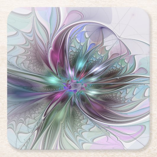 Colorful Fantasy Abstract Modern Fractal Flower Rechteckiger Pappuntersetzer (Vorderseite)