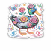 Colorful Fantasy Duck with Flowers and Butterflies Aufkleber (Vorderseite)