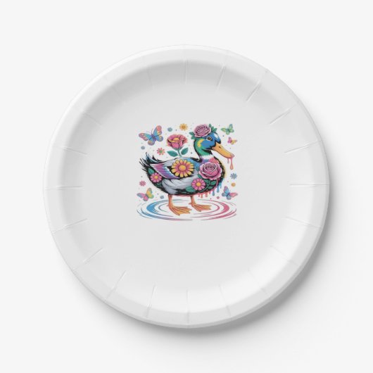Colorful Fantasy Duck with Flowers and Butterflies Pappteller (Vorderseite)