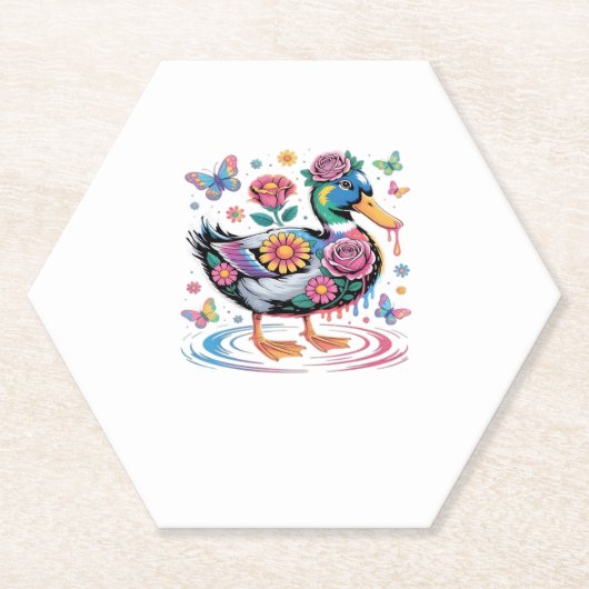 Colorful Fantasy Duck with Flowers and Butterflies Untersetzer (Vorderseite)